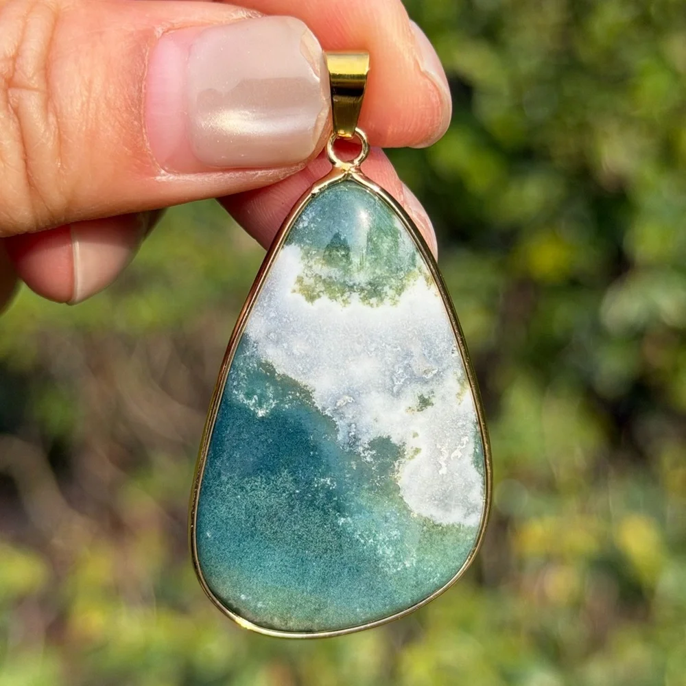 Gold plated stainless steel natural moss agate pendant‎ 1023